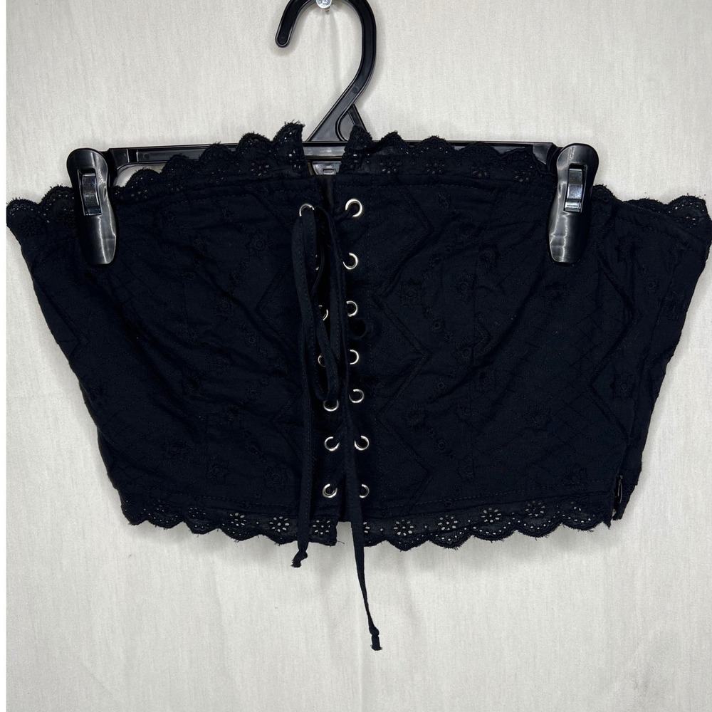 Forever 21 Black Eyelet Lace Up Tube Top Corset Bandeau Scalloped Trim Medium